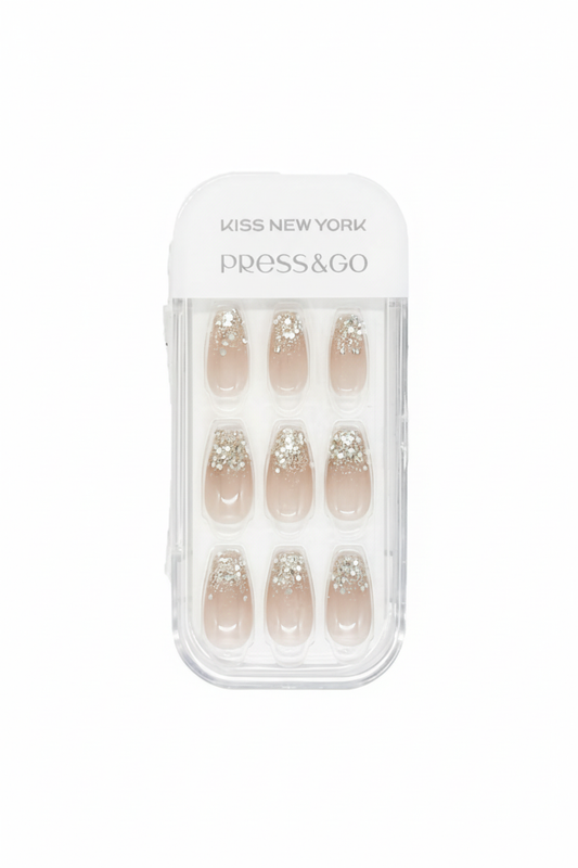 Soft pink glitter nails zoomed out on white background
